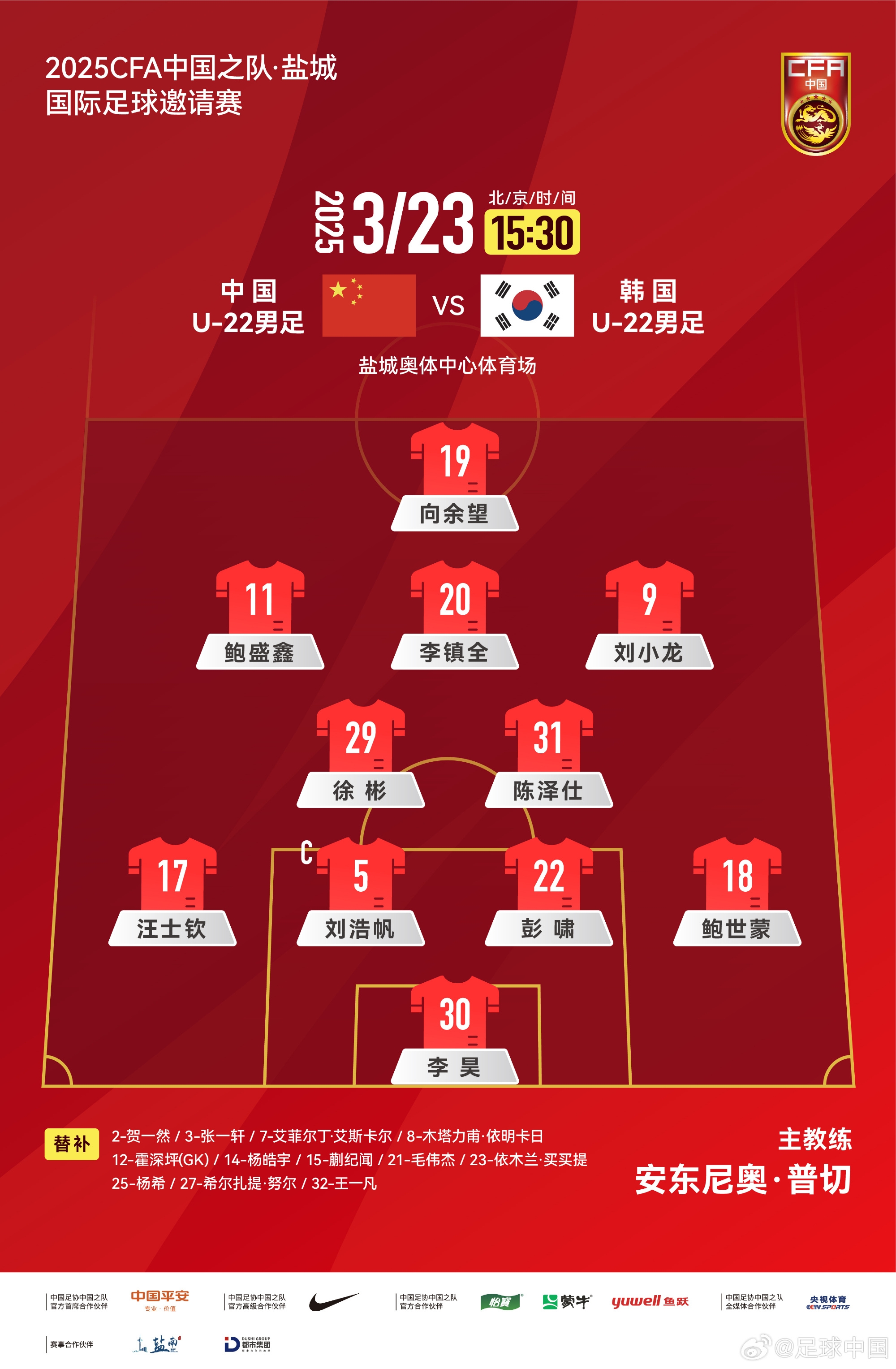 鹽城四國(guó)賽，中國(guó)U-22男足對(duì)陣韓國(guó)U-22男足，中國(guó)隊(duì)首發(fā)陣容